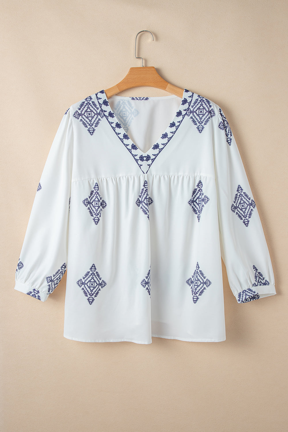 White Boho Geometric Print V Neck Bracelet Sleeve Plus Size Blouse