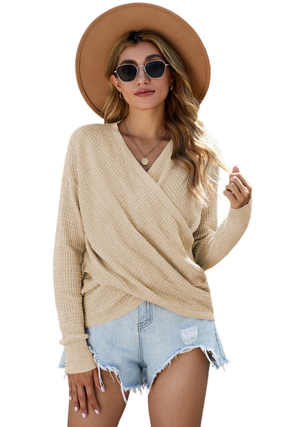 Apricot Wrap V Neck Waffle Sweater