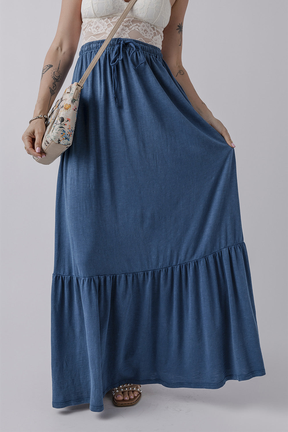 Sail Blue Solid Color Lace up High Waist Tiered Maxi Skirt