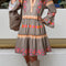 Simply Taupe Ethnic Print Buttoned V Neck Bell Sleeve Ruffle Patchwork Dress