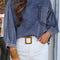 Sky Blue 3/4 Sleeve Ruffled Patched Pocket Denim Blouse