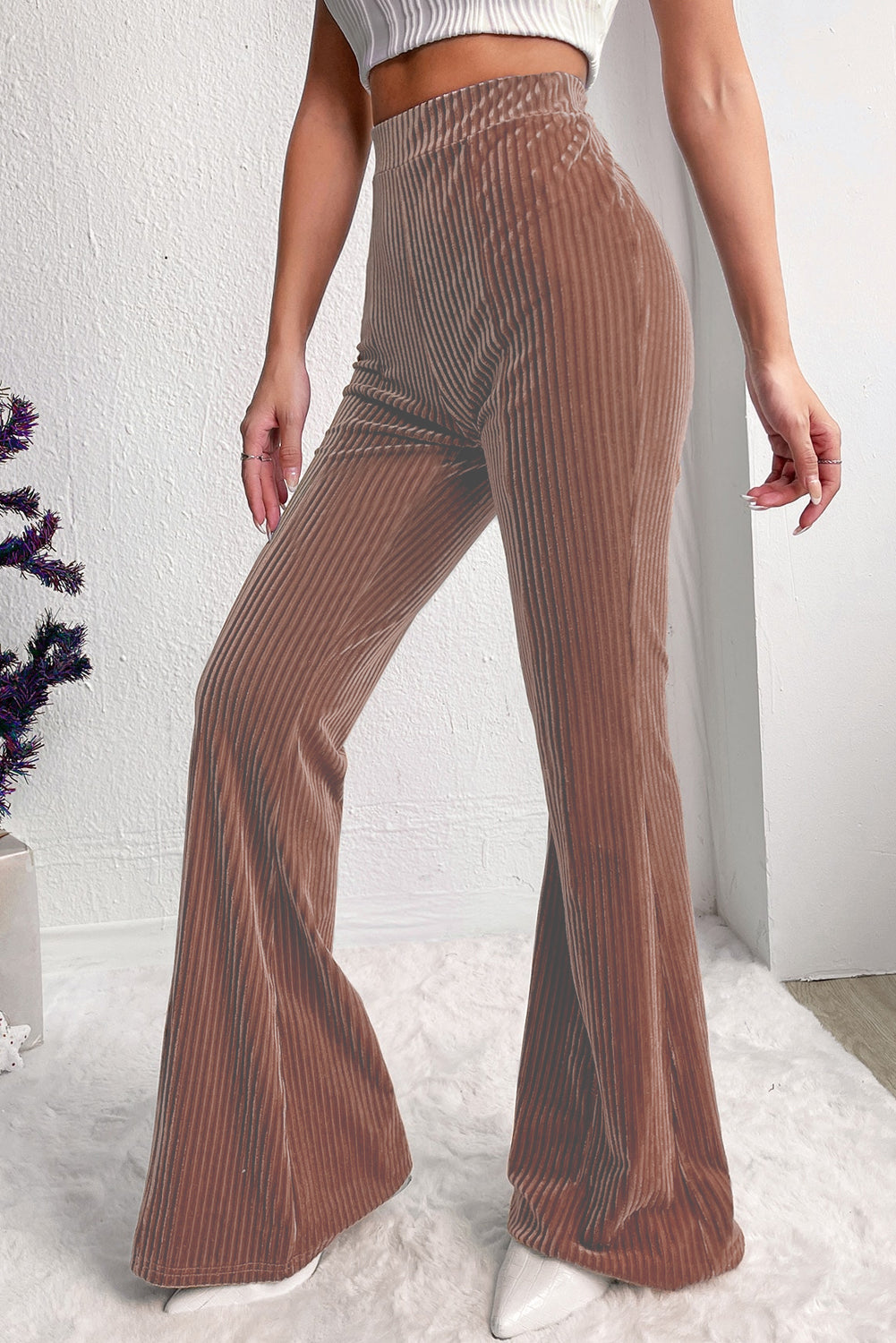 Dusty Pink Solid Color High Waist Flare Corduroy Pants